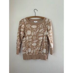 LOFT Outlet Floral Sweater Women's Small Beige Cream Crew Neck Pullover Autumn